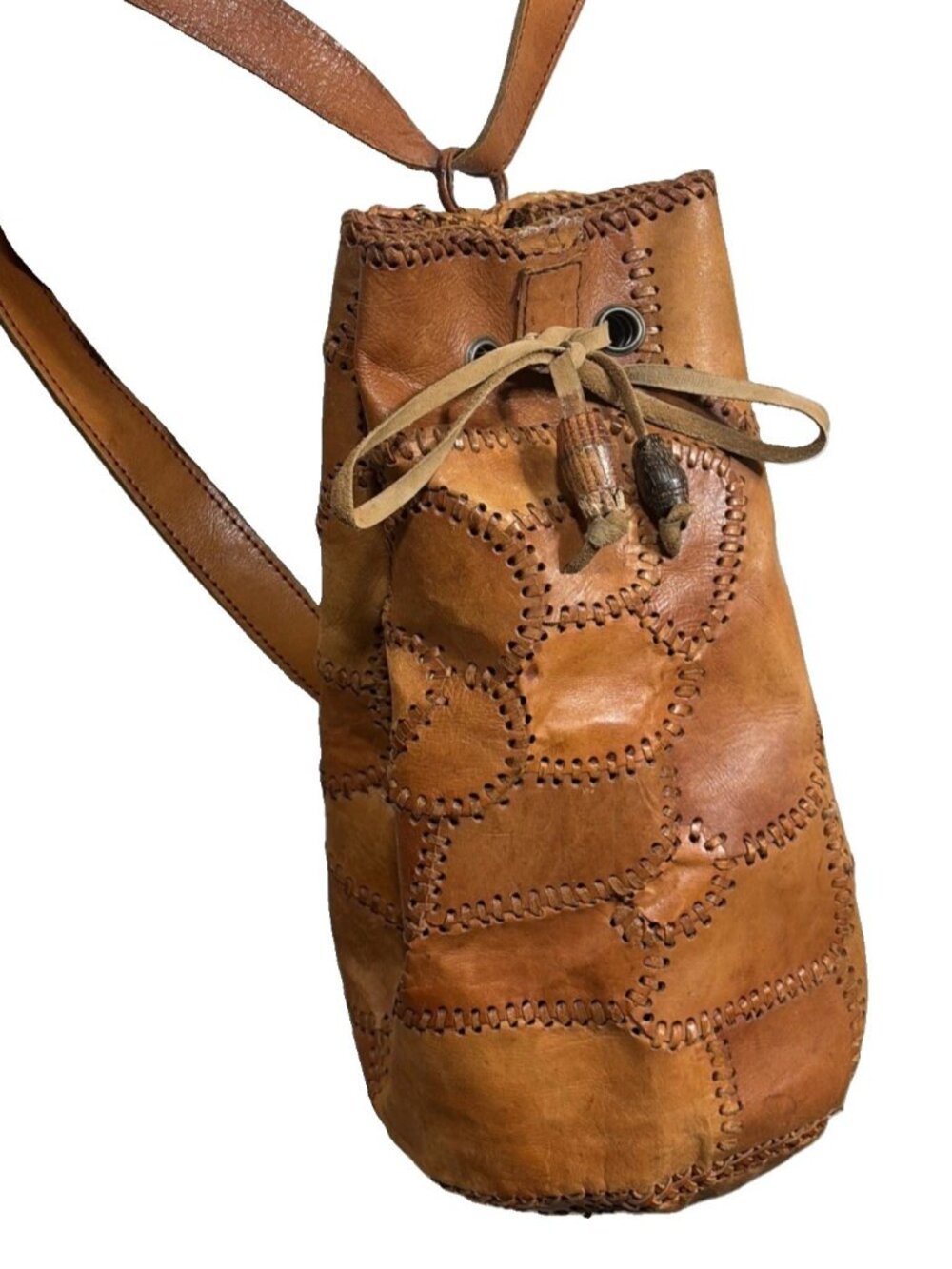 Leather Patchwork Drawstring Boho Artisan Bucket Shoulder CrossBody Bag Purse